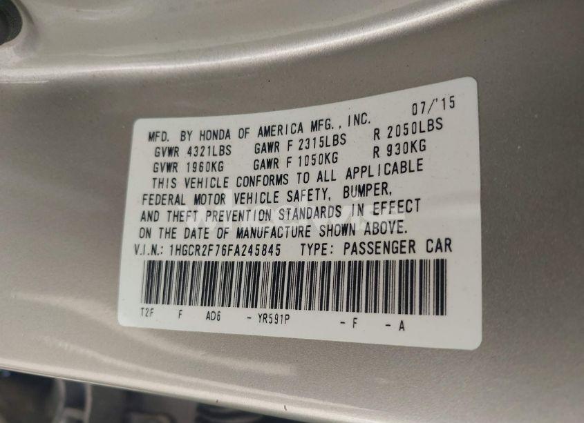 Photo 9 of 2015 Honda Accord EX (VIN 1HGCR2F76FA245845)