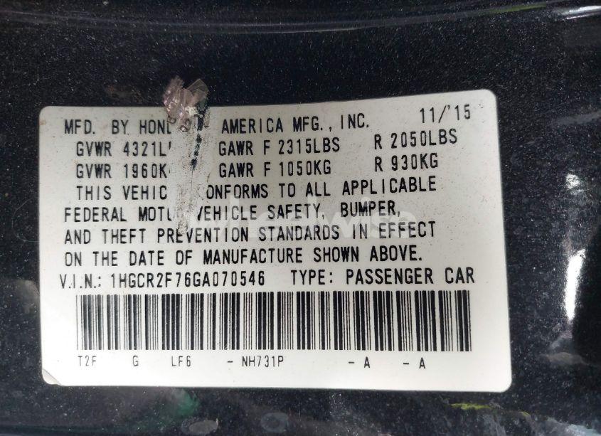 Photo 9 of 2016 Honda Accord EX (VIN 1HGCR2F76GA070546)