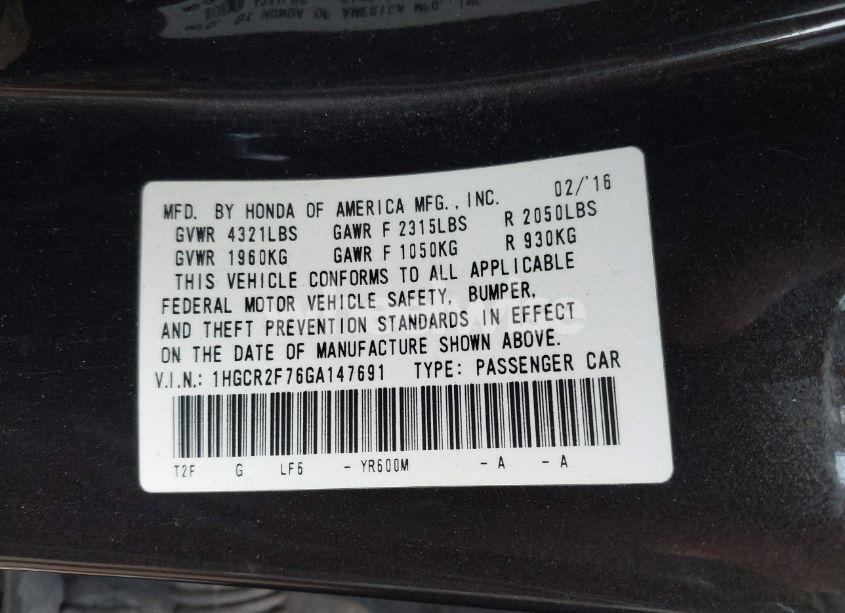 Photo 9 of 2016 Honda Accord EX (VIN 1HGCR2F76GA147691)