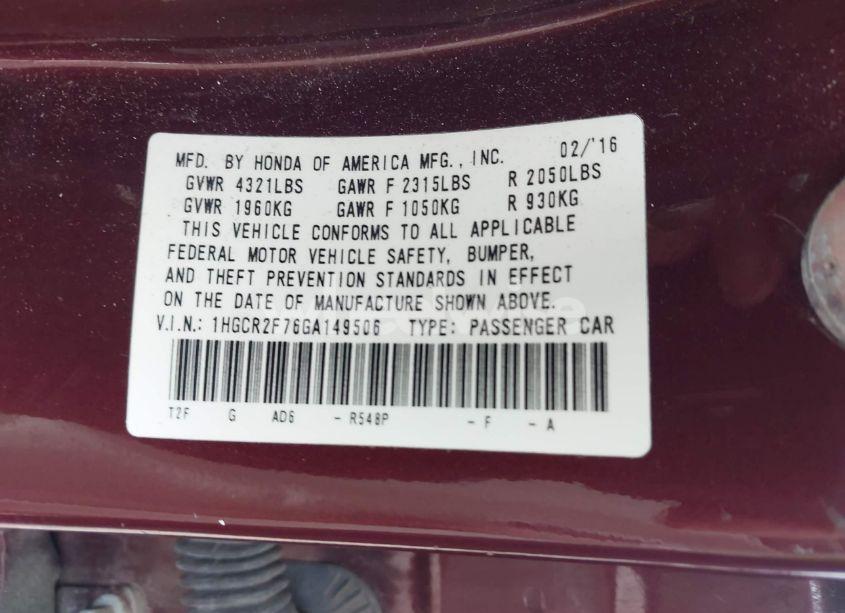 Photo 9 of 2016 Honda Accord EX (VIN 1HGCR2F76GA149506)