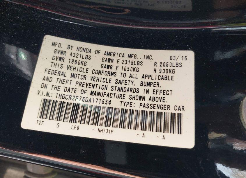 Photo 9 of 2016 Honda Accord EX (VIN 1HGCR2F76GA171554)