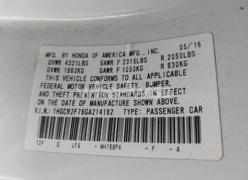 Photo 9 of 2016 Honda Accord EX (VIN 1HGCR2F76GA214192)