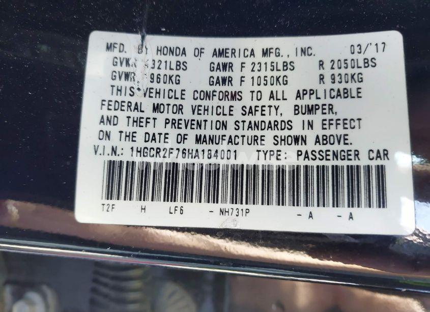Photo 9 of 2017 Honda Accord EX (VIN 1HGCR2F76HA184001)
