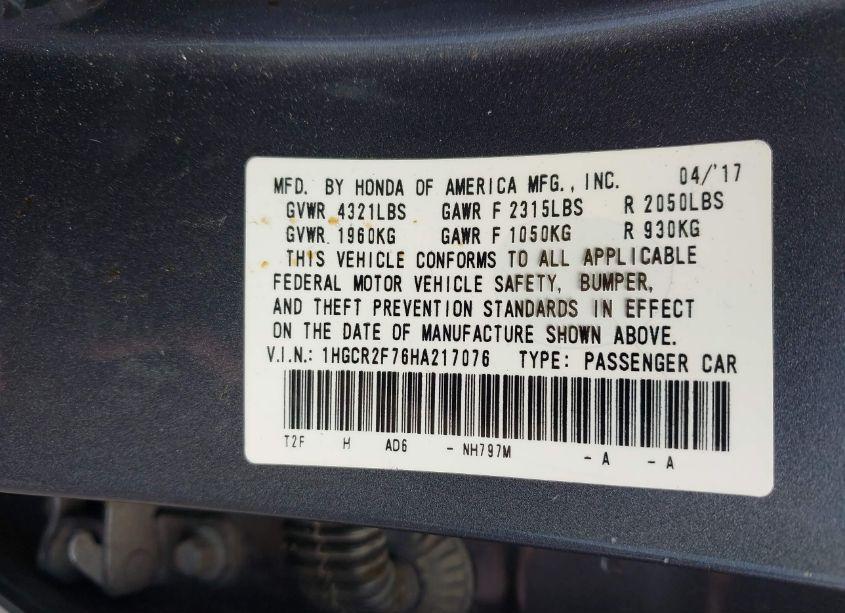 Photo 9 of 2017 Honda Accord EX (VIN 1HGCR2F76HA217076)