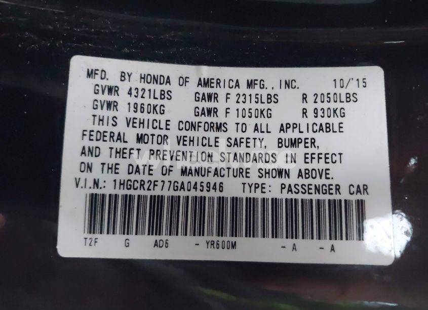 Photo 9 of 2016 Honda Accord EX (VIN 1HGCR2F77GA045946)