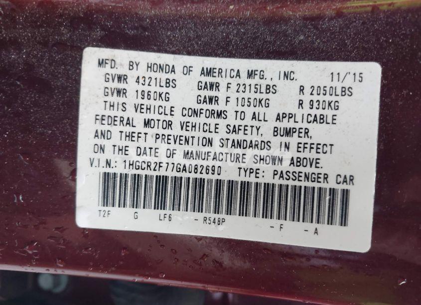 Photo 9 of 2016 Honda Accord EX (VIN 1HGCR2F77GA082690)