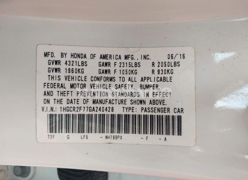 Photo 9 of 2016 Honda Accord EX (VIN 1HGCR2F77GA240428)