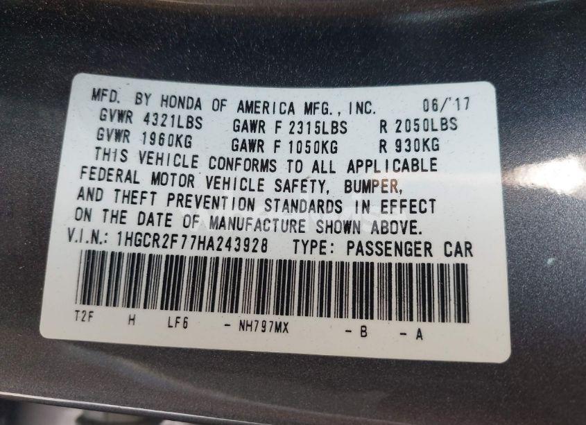 Photo 9 of 2017 Honda Accord EX (VIN 1HGCR2F77HA243928)