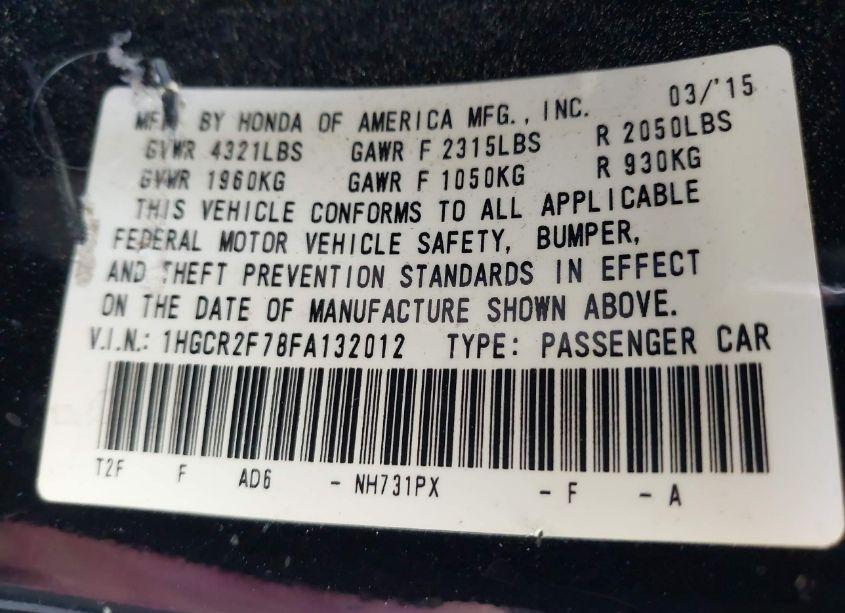 Photo 9 of 2015 Honda Accord EX (VIN 1HGCR2F78FA132012)