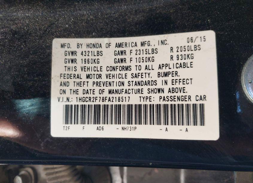 Photo 9 of 2015 Honda Accord EX (VIN 1HGCR2F78FA218517)