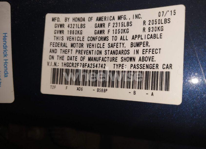 Photo 9 of 2015 Honda Accord EX (VIN 1HGCR2F78FA254742)