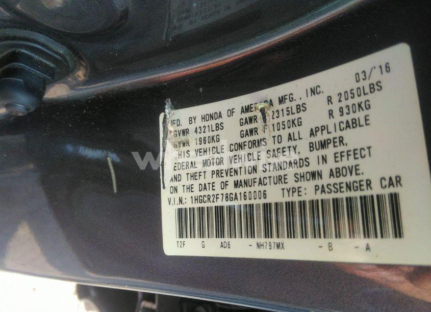 Photo 9 of 2016 Honda Accord EX (VIN 1HGCR2F78GA160006)