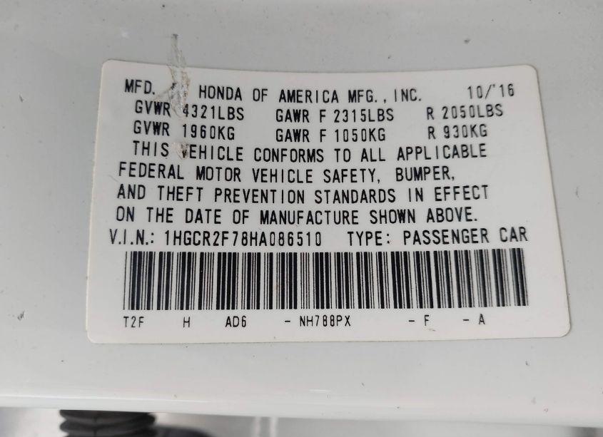 Photo 9 of 2017 Honda Accord EX (VIN 1HGCR2F78HA086510)