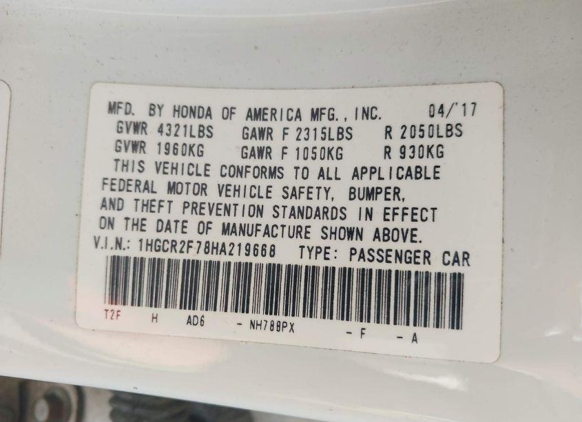 Photo 9 of 2017 Honda Accord EX (VIN 1HGCR2F78HA219668)