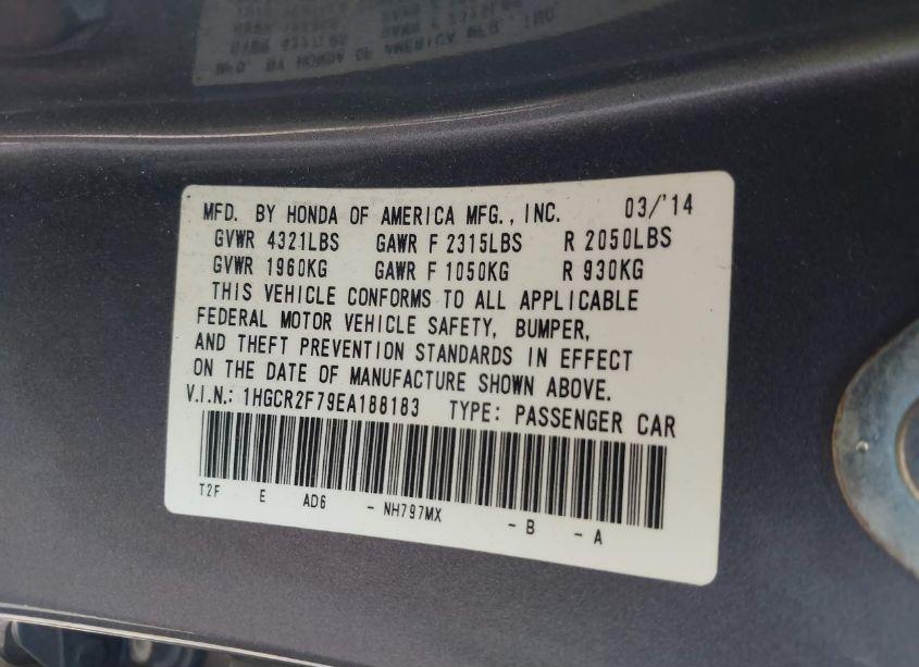 Photo 9 of 2014 Honda Accord EX (VIN 1HGCR2F79EA188183)