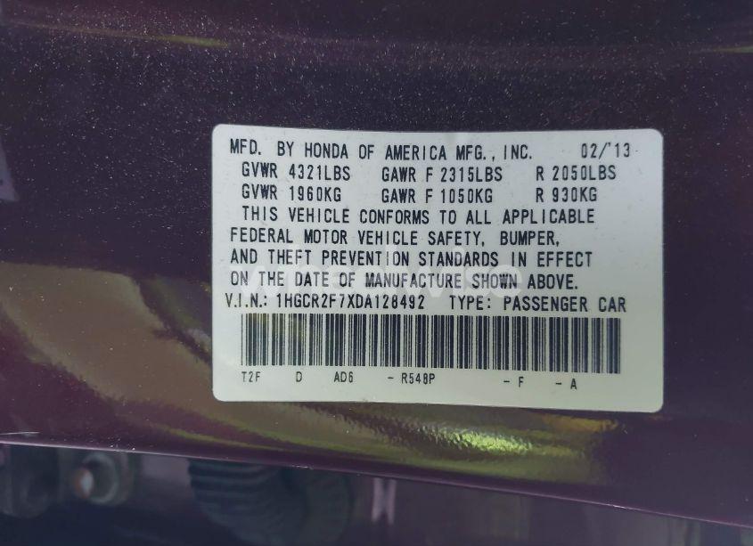 Photo 9 of 2013 Honda Accord EX (VIN 1HGCR2F7XDA128492)