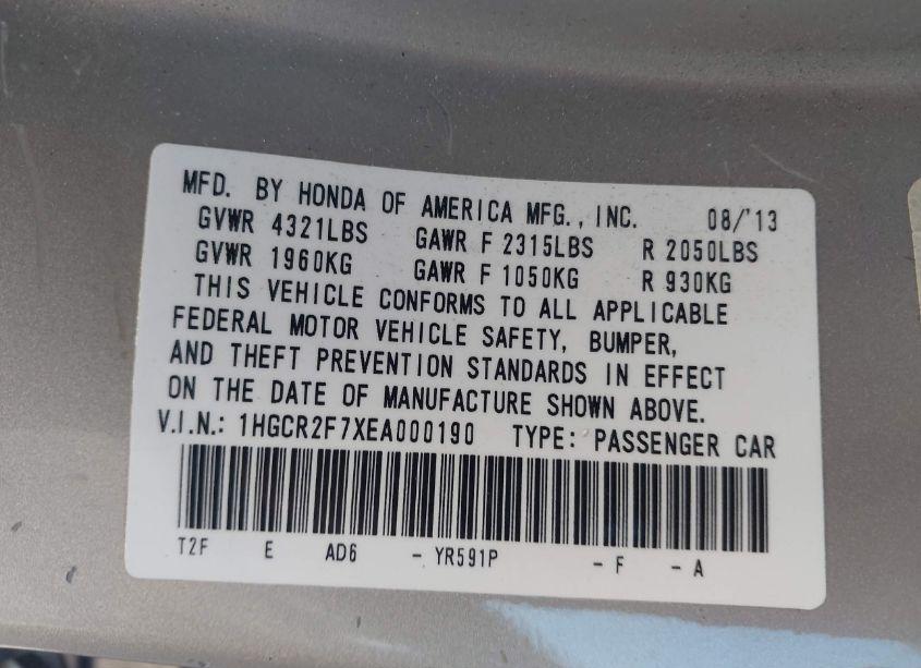 Photo 9 of 2014 Honda Accord EX (VIN 1HGCR2F7XEA000190)