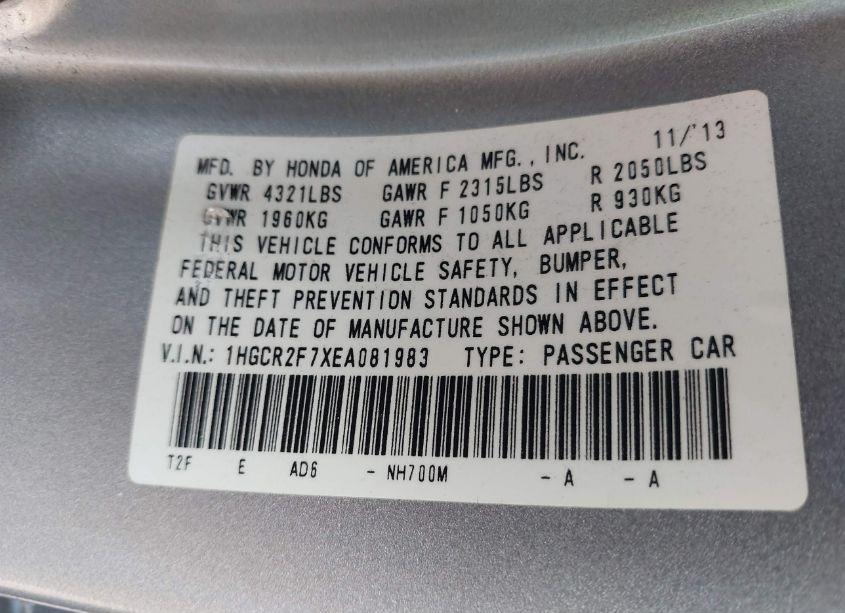 Photo 9 of 2014 Honda Accord EX (VIN 1HGCR2F7XEA081983)