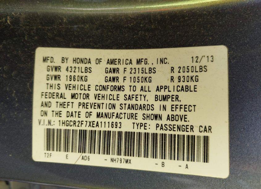 Photo 9 of 2014 Honda Accord EX (VIN 1HGCR2F7XEA111693)