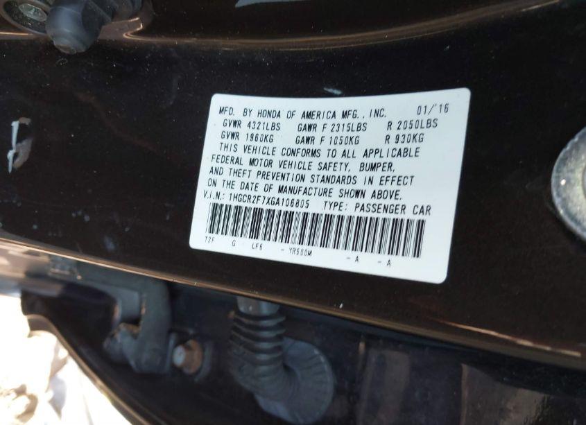 Photo 9 of 2016 Honda Accord EX (VIN 1HGCR2F7XGA106805)