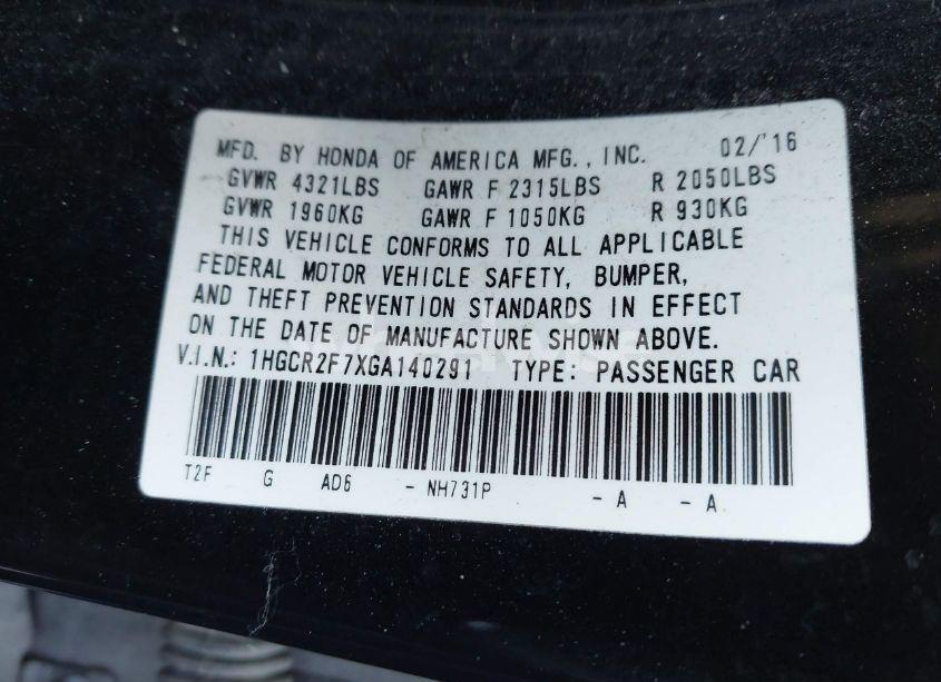 Photo 9 of 2016 Honda Accord EX (VIN 1HGCR2F7XGA140291)