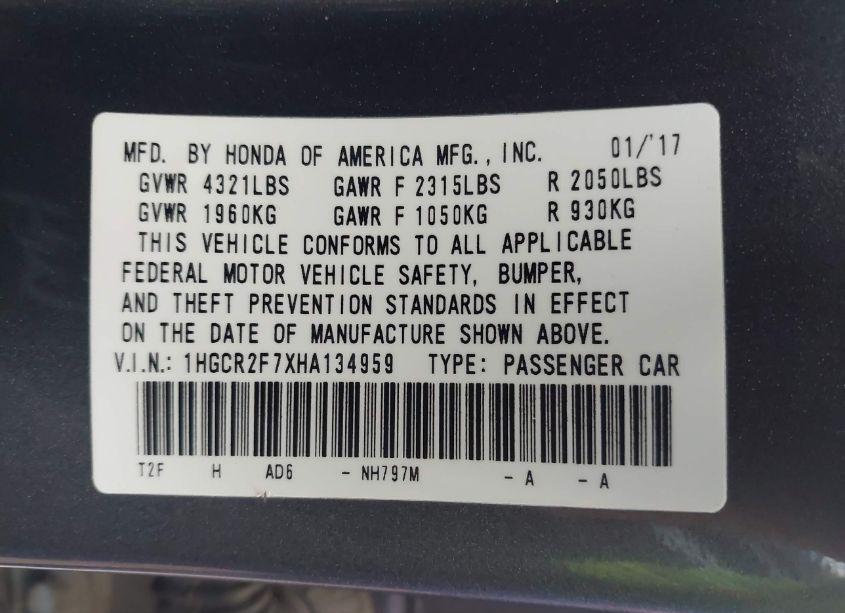 Photo 9 of 2017 Honda Accord EX (VIN 1HGCR2F7XHA134959)