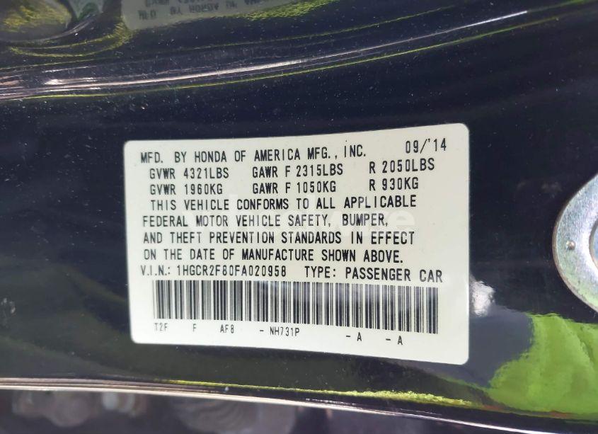 Photo 9 of 2015 Honda Accord EX-L (VIN 1HGCR2F80FA020958)