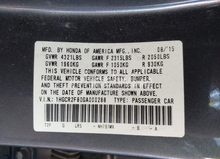 Photo 9 of 2016 Honda Accord EX-L (VIN 1HGCR2F80GA000288)