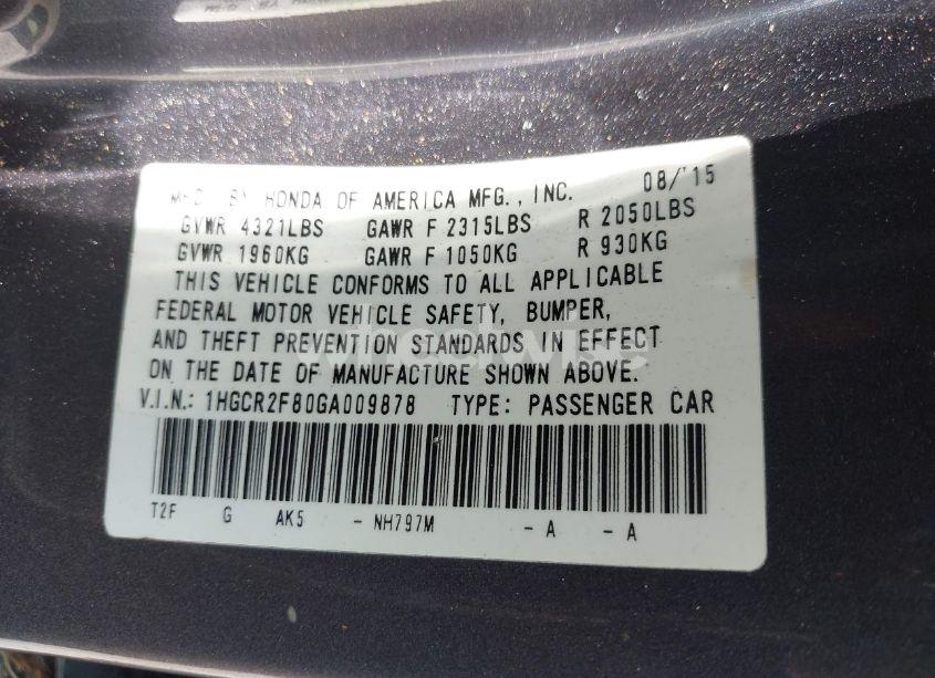 Photo 9 of 2016 Honda Accord EX-L (VIN 1HGCR2F80GA009878)