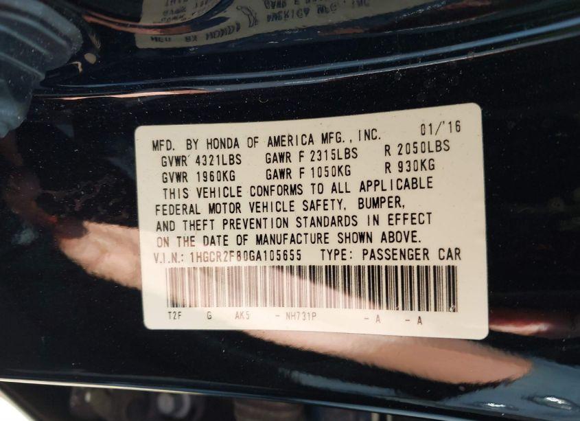 Photo 9 of 2016 Honda Accord EX-L (VIN 1HGCR2F80GA105655)