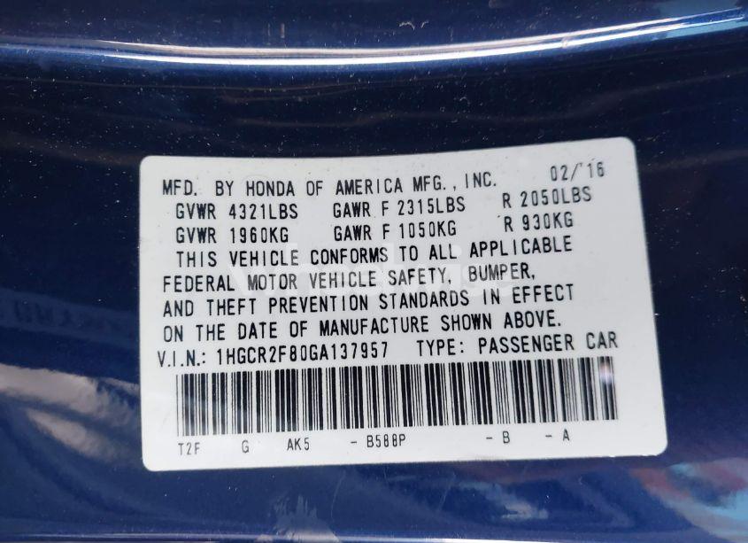 Photo 9 of 2016 Honda Accord EX-L (VIN 1HGCR2F80GA137957)