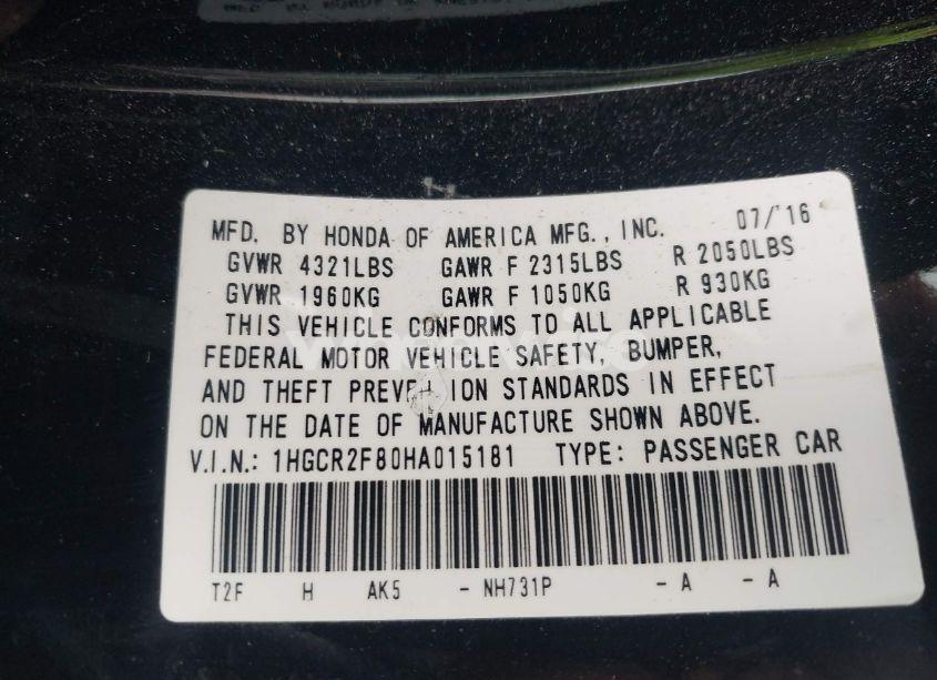 Photo 9 of 2017 Honda Accord EX-L (VIN 1HGCR2F80HA015181)