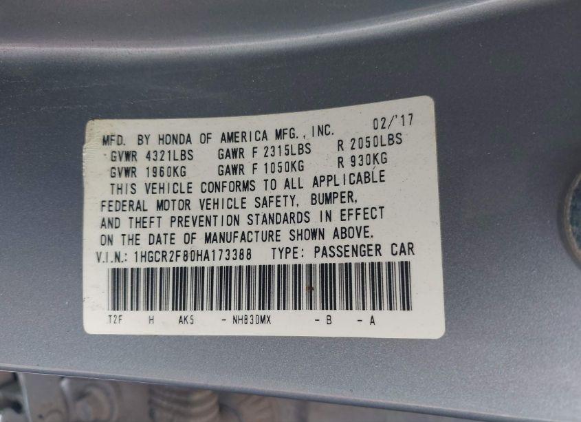 Photo 9 of 2017 Honda Accord EX-L (VIN 1HGCR2F80HA173388)