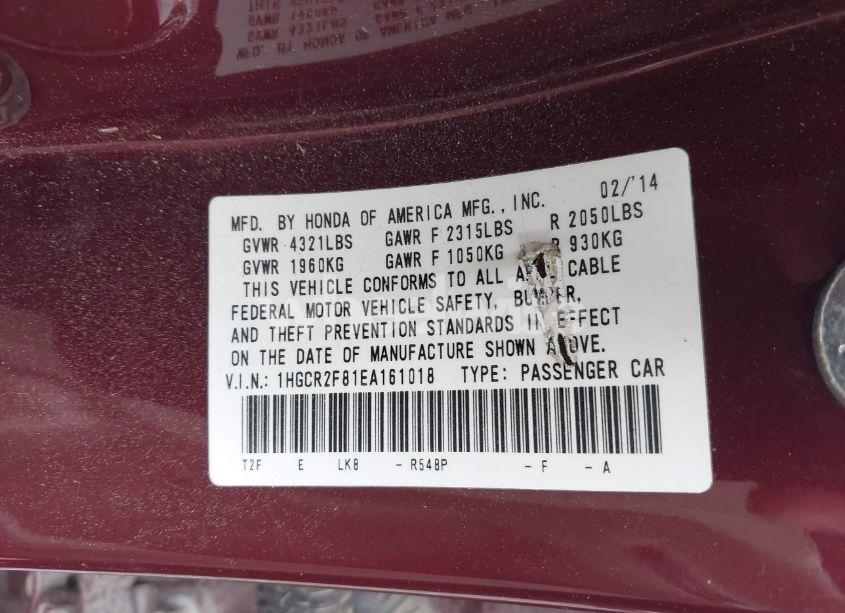 Photo 9 of 2014 Honda Accord EX-L (VIN 1HGCR2F81EA161018)