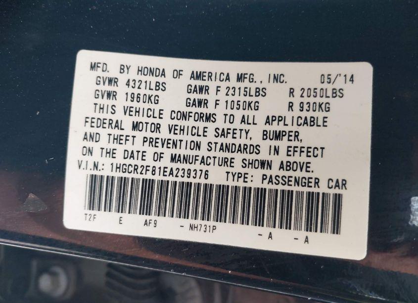 Photo 9 of 2014 Honda Accord EX-L (VIN 1HGCR2F81EA239376)