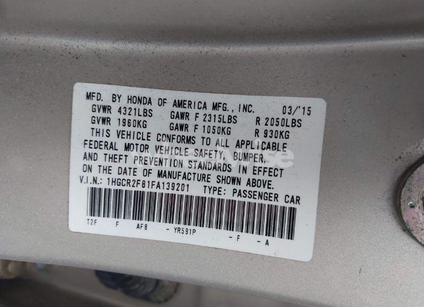 Photo 9 of 2015 Honda Accord EX-L (VIN 1HGCR2F81FA139201)