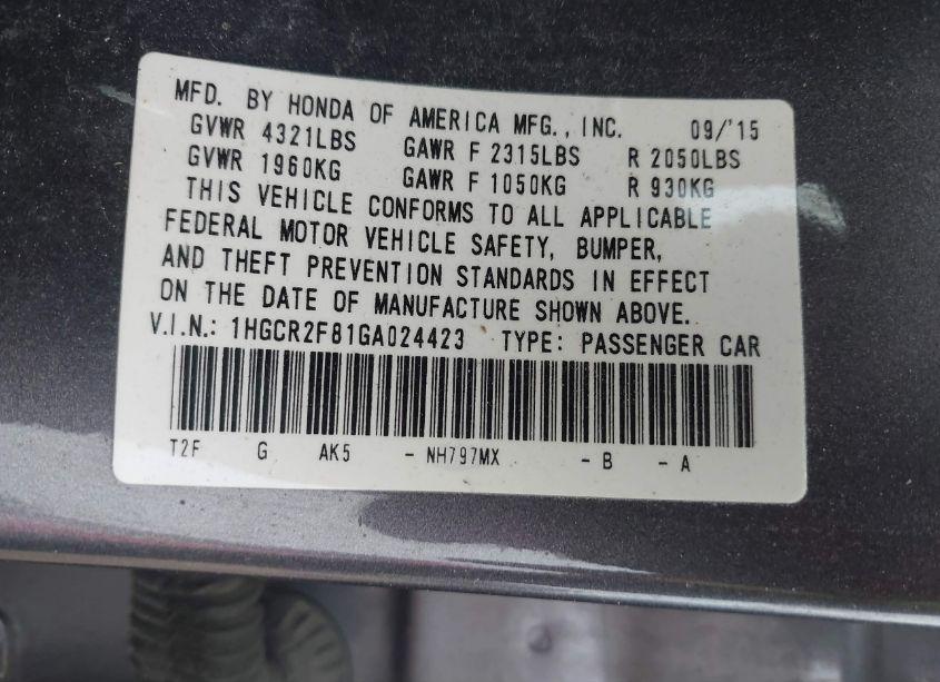 Photo 9 of 2016 Honda Accord EX-L (VIN 1HGCR2F81GA024423)
