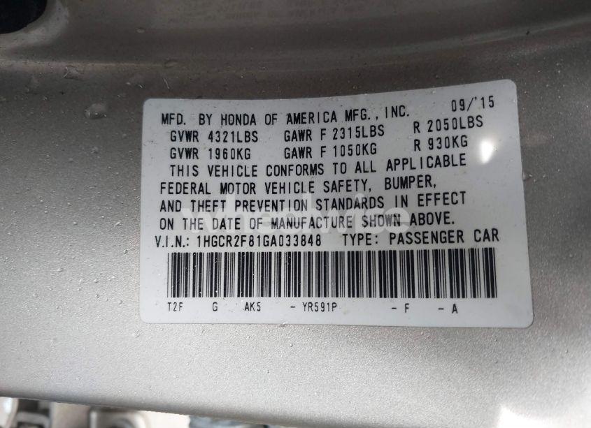 Photo 9 of 2016 Honda Accord EX-L (VIN 1HGCR2F81GA033848)