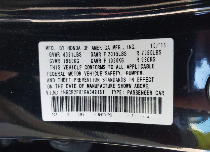 Photo 9 of 2016 Honda Accord EX-L (VIN 1HGCR2F81GA049161)