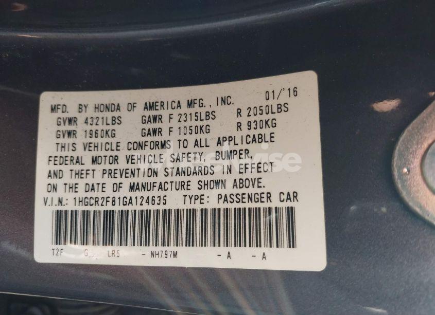 Photo 9 of 2016 Honda Accord EX-L (VIN 1HGCR2F81GA124635)