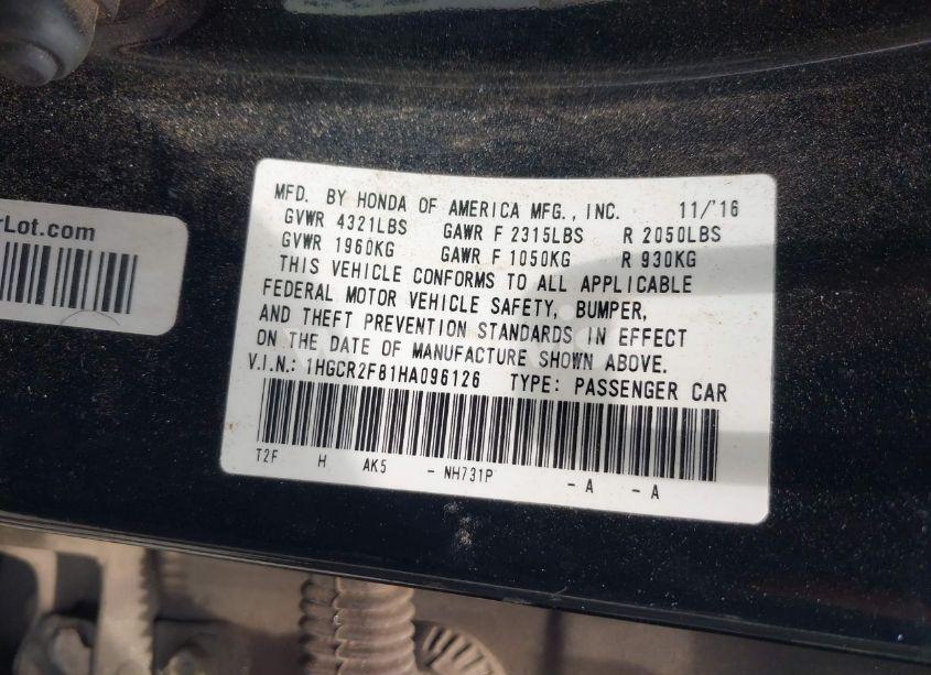 Photo 9 of 2017 Honda Accord EX-L (VIN 1HGCR2F81HA096126)