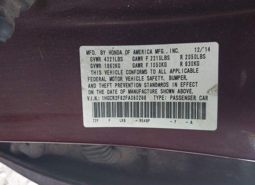 Photo 9 of 2015 Honda Accord EX-L (VIN 1HGCR2F82FA080286)