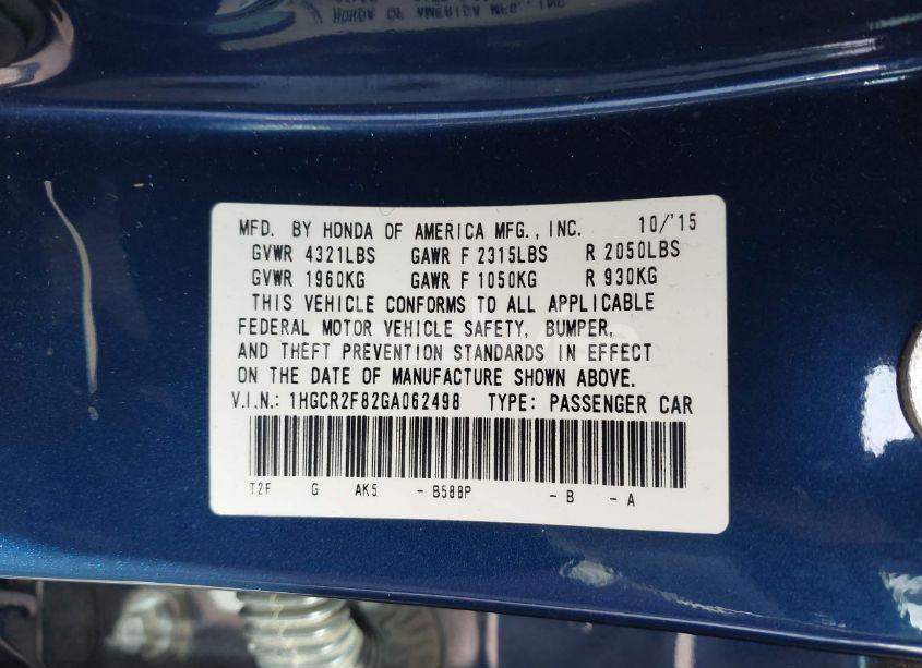 Photo 9 of 2016 Honda Accord EX-L (VIN 1HGCR2F82GA062498)