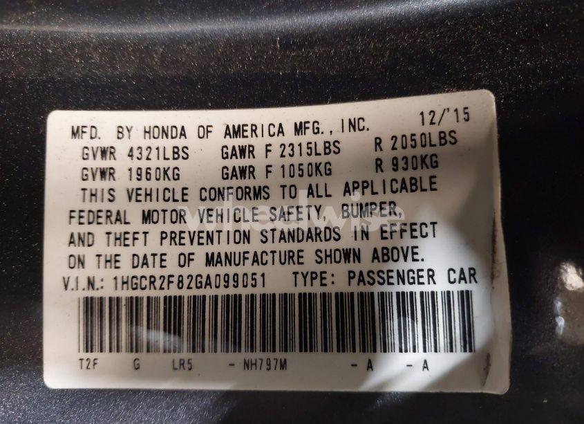 Photo 9 of 2016 Honda Accord EX-L (VIN 1HGCR2F82GA099051)