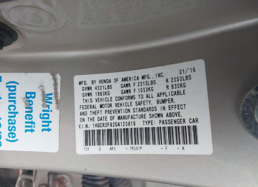 Photo 12 of 2016 Honda Accord EX-L (VIN 1HGCR2F82GA120819)