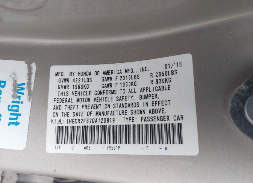 Photo 9 of 2016 Honda Accord EX-L (VIN 1HGCR2F82GA120819)