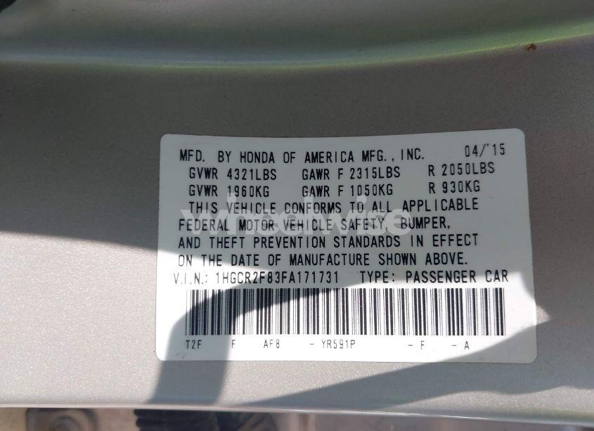 Photo 9 of 2015 Honda Accord EX-L (VIN 1HGCR2F83FA171731)