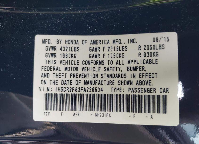 Photo 9 of 2015 Honda Accord EX-L (VIN 1HGCR2F83FA226534)