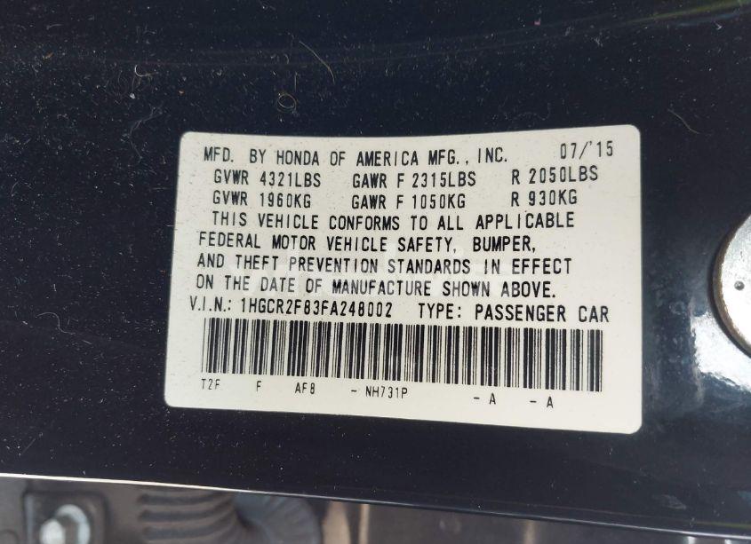 Photo 9 of 2015 Honda Accord EX-L (VIN 1HGCR2F83FA248002)