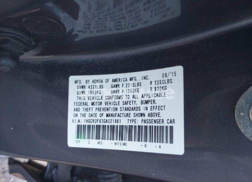 Photo 9 of 2016 Honda Accord EX-L (VIN 1HGCR2F83GA021961)